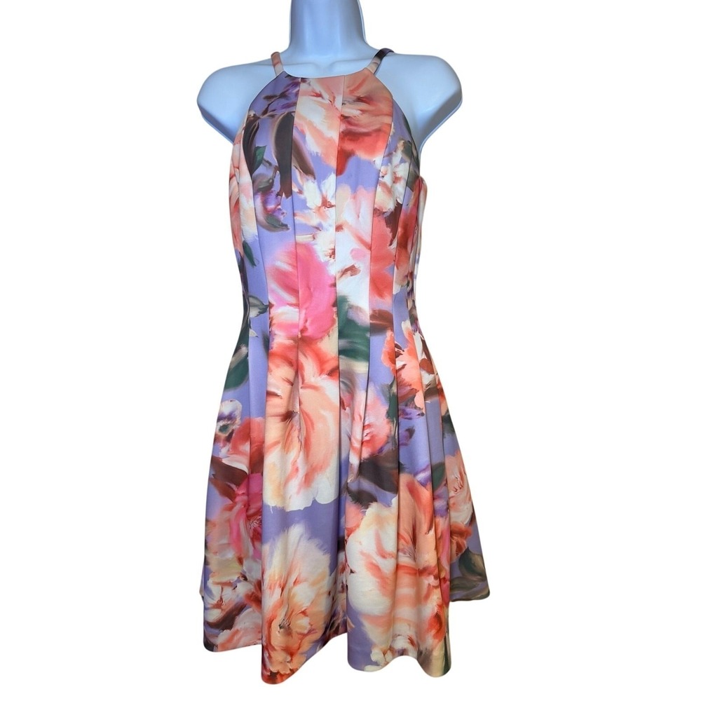 Vince Camuto Purple Floral Halter Fit and Flare Scuba Dress Size 4